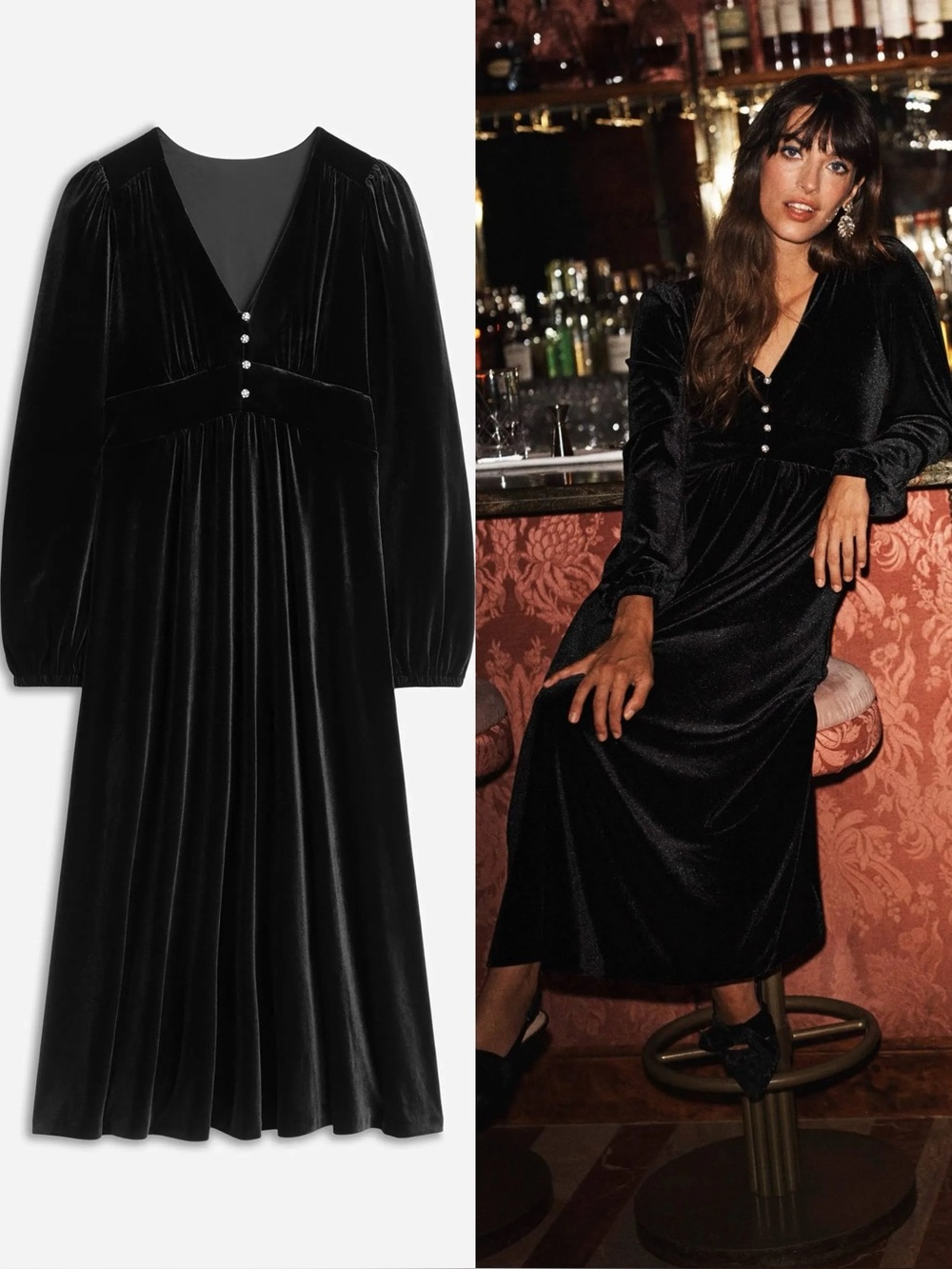 Boden Jocelyn Black Velvet Tea Dress Size 2 Petite Jeweled Button Holiday